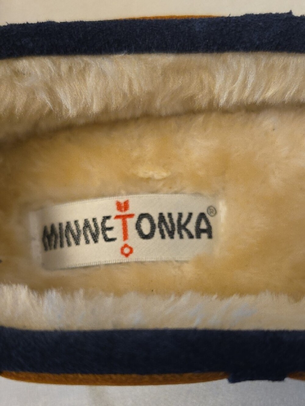 Minnetonka Navy Suede Moccasins with Tan Trim - Picture 4 of 8
